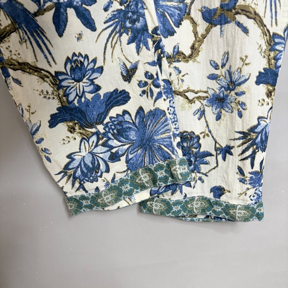 Sundance Leia Pants M Blue Floral Bird Cropped Cotton Boho Resort Capri - Picture 6 of 7